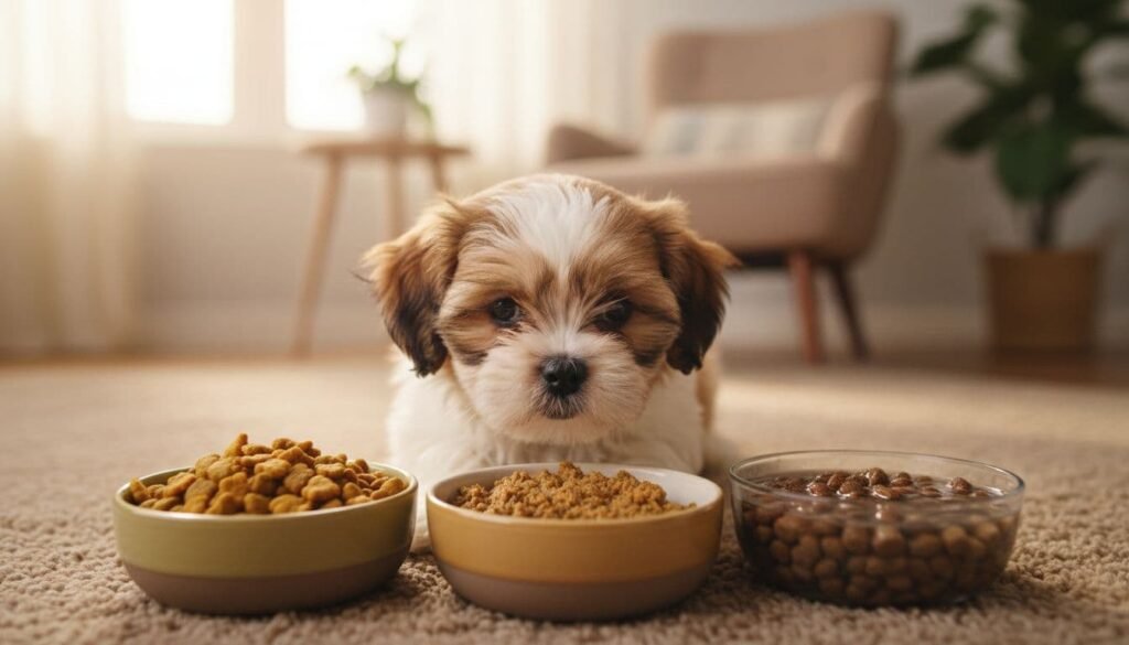 A curious puppy comparing different meal options