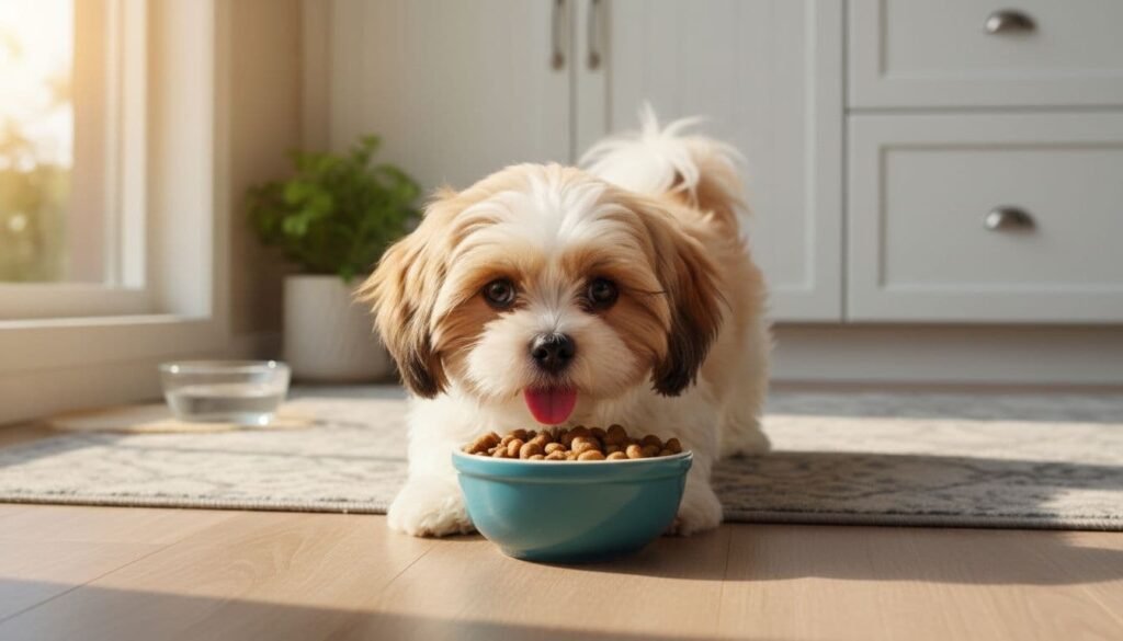 An eager Shih Tzu puppy enjoying breakfast