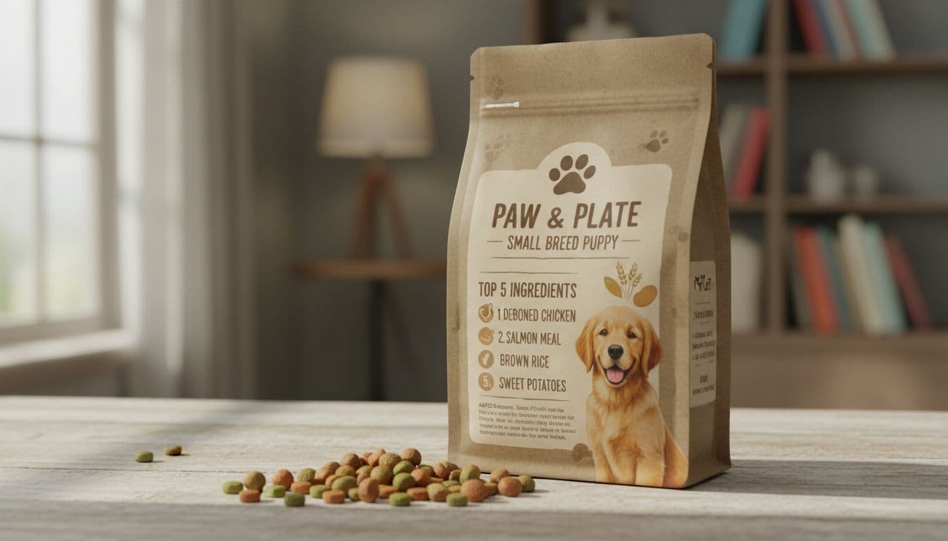 A small breed puppy food bag label